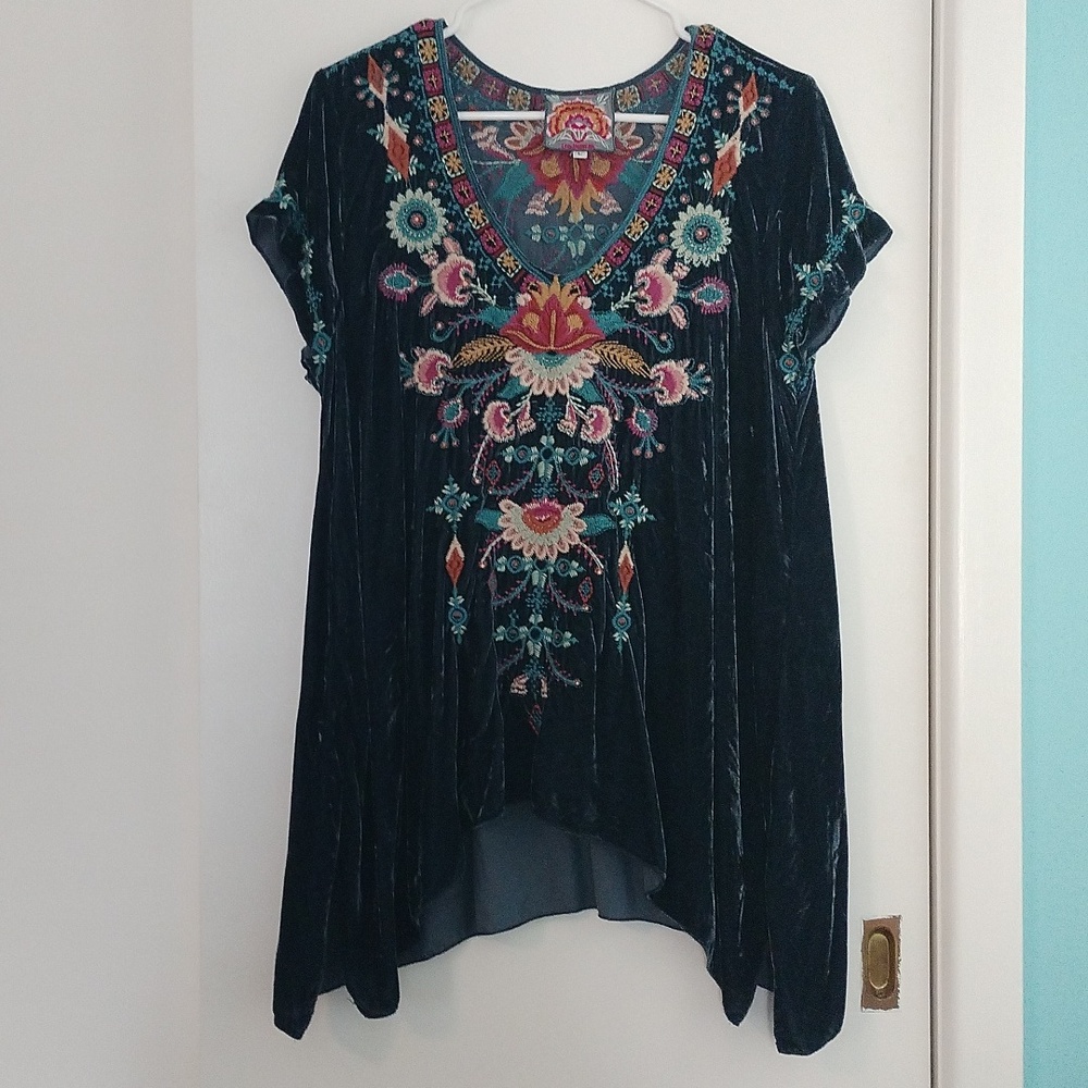 Johnny Was Blue velvet like embroidered top size L